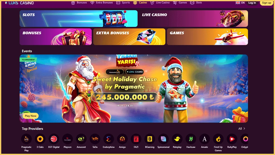 Lüks Casino lobi görünümü: slotlar, canlı casino, bonuslar ve turnuvalar